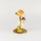Frog looking up to a Lady Bug on top of a Mushroom