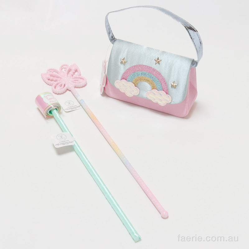 Fairy Essentials .. Fairy Princess Rainbow Purse with a Pastel Butterfly Glitter Wand and Rainbow Dancing Ribbon