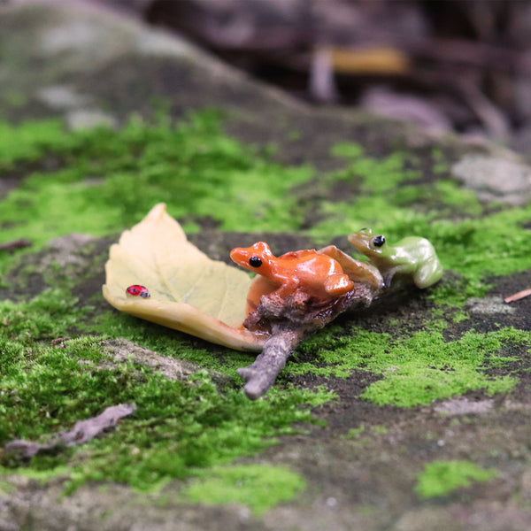 Green and Orange Frogs on a Leaf with a Lady Beetle