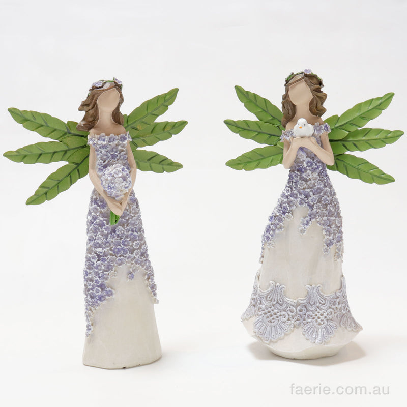 Two Purple Flower Fairies - Holding a Contented Dove and Holding a Bouquet - Figurine