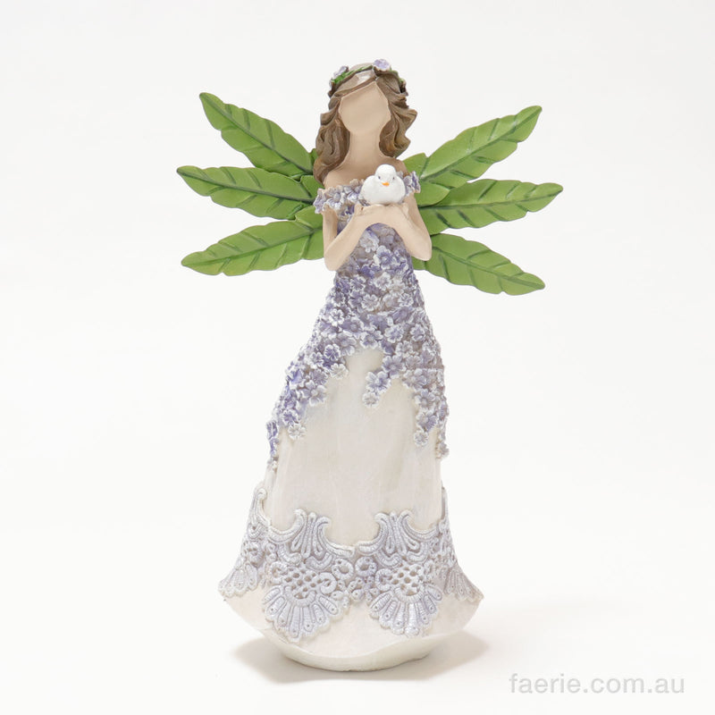 Two Purple Flower Fairies - Holding a Contented Dove and Holding a Bouquet - Figurine