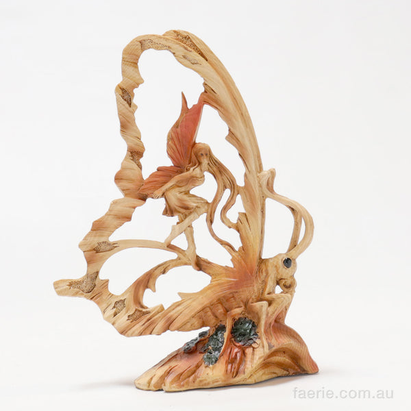 Butterfly Fairy Figurine with 'Arms Outstretched behind Her' - Wooden Carved Look Ornament